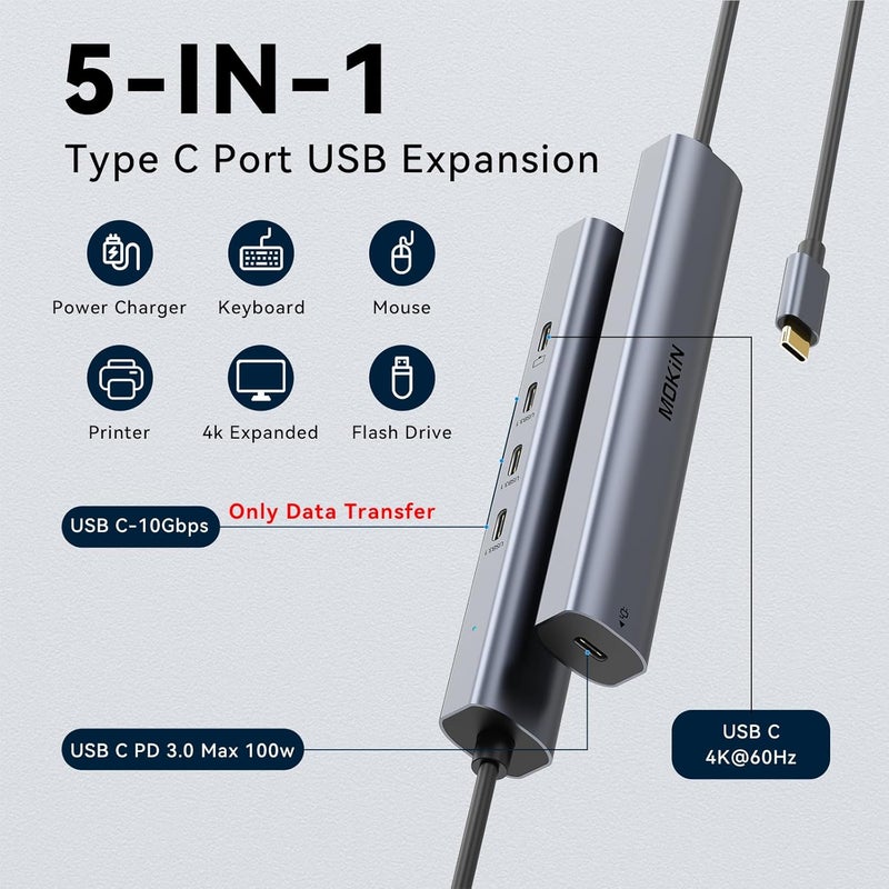 Mokin محور USB C بسرعة 10Gbps، موزع USB C مع مخرج فيديو 4K@60Hz، شحن PD بقوة 100W، نقل بيانات، دونجل متعدد المنافذ USB4 لجهاز MacBook Pro و iPad Pro وأجهزة Type-C - Image 2